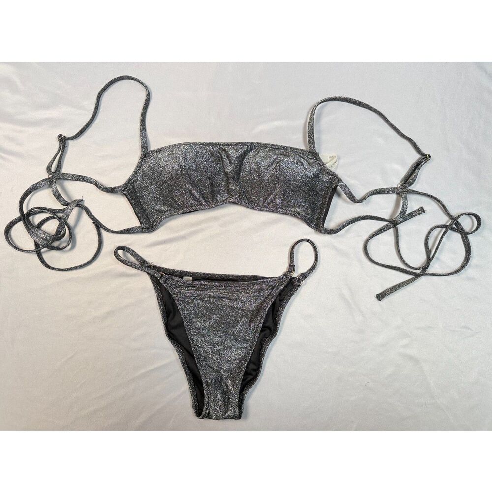 Victoria's Secret Shimmer Metallic Bikini Set Bandeau Cheeky Black Silver M